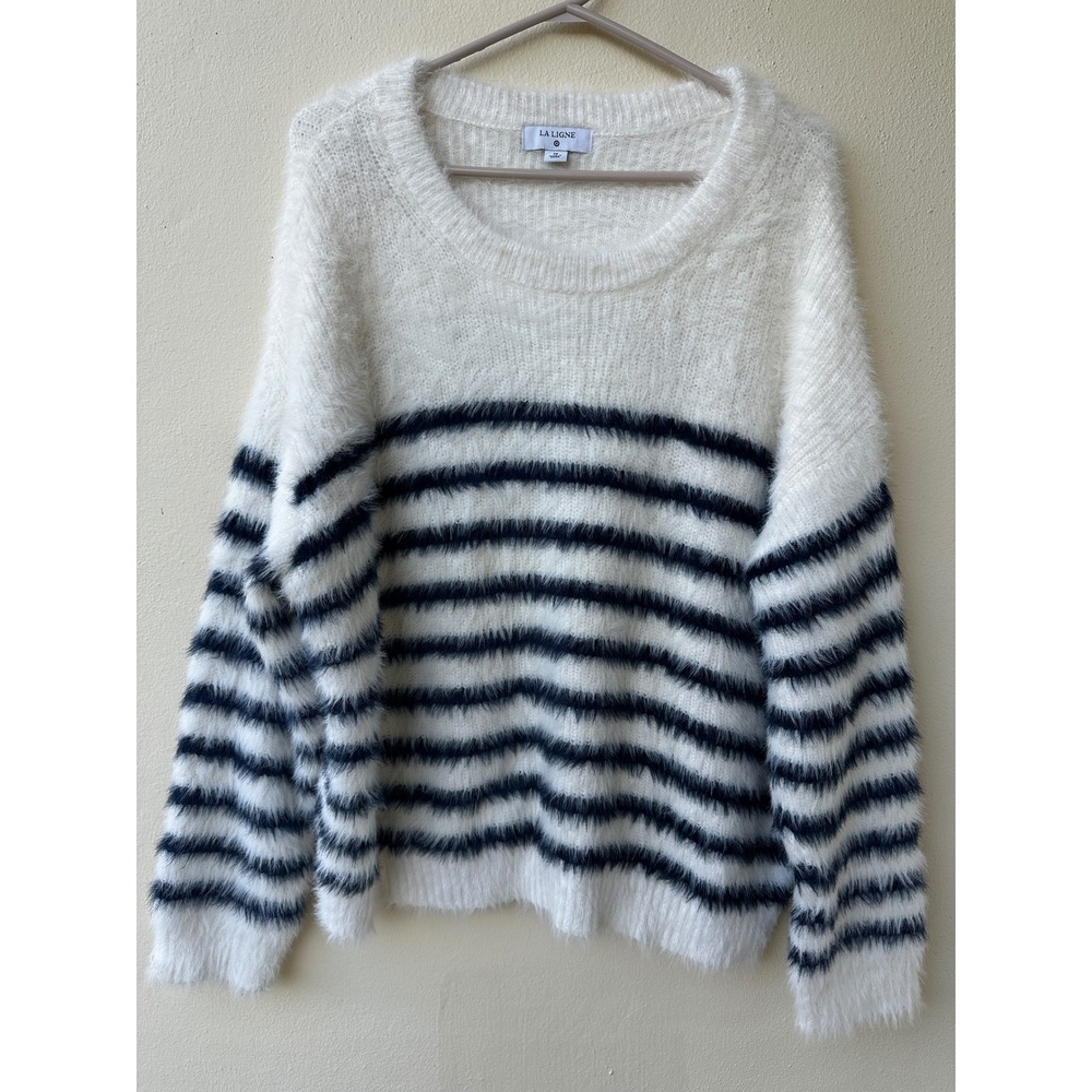 La Ligne x Target Striped Eyelash Knit Sweater Cream Navy Blue 1X